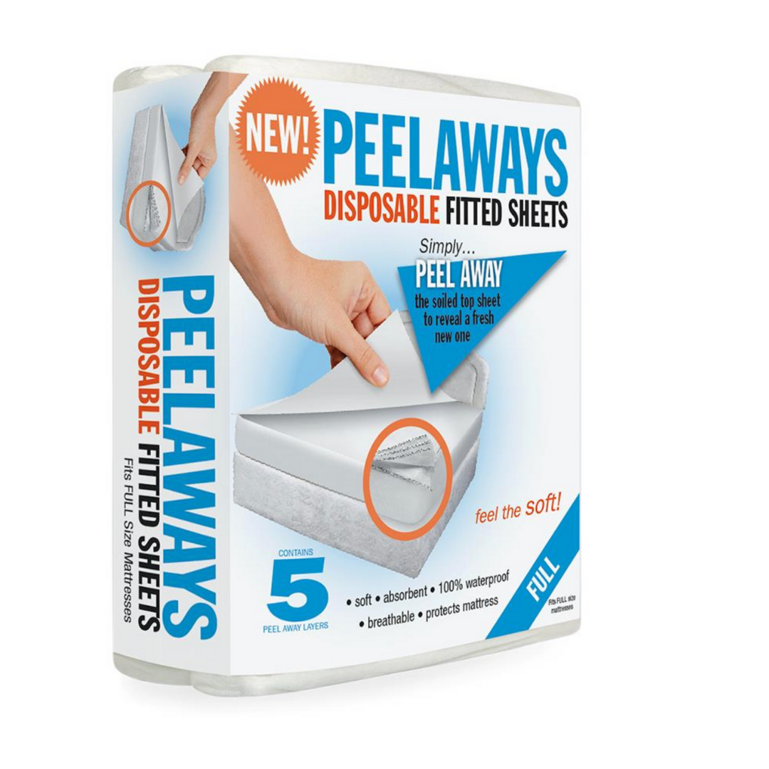 Peelaways Multi-Layer Disposable & Waterproof Fitted Sheets for full-size mattresses, featuring 5 soft, absorbent, waterproof, breathable layers; caregiver-friendly. Box shows a hand peeling back a sheet.